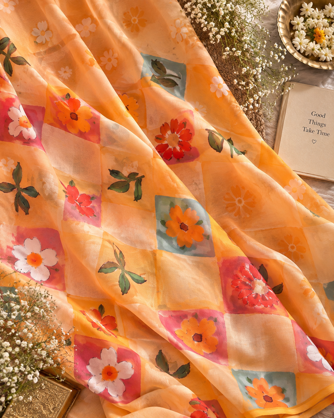 Peach Orange Chinnon Saree with Multicolour Floral Check Print & Attached Blouse Piece