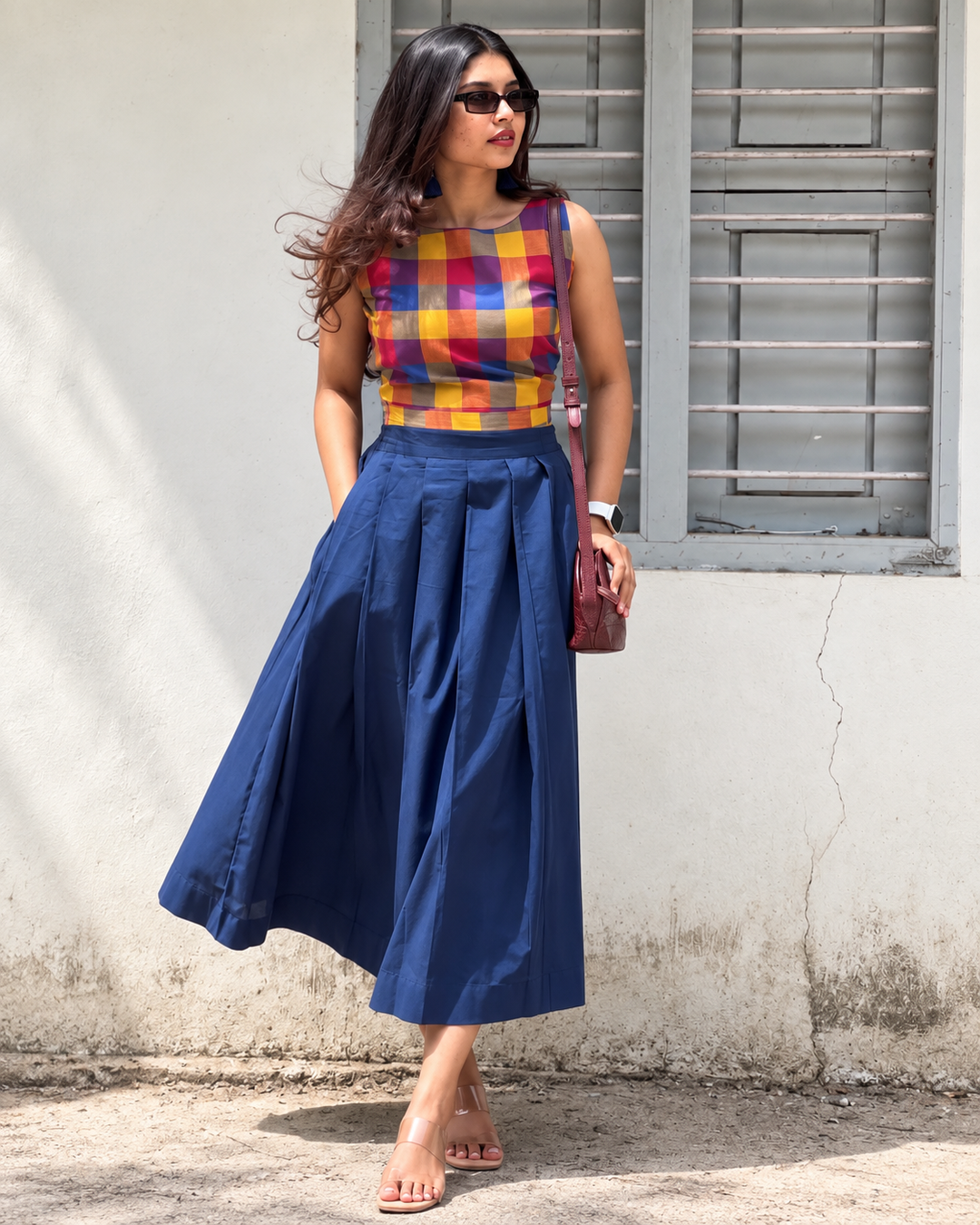 Madras Cotton Crop Top & Flared Skirt Set for Women – Multicolour Checks & Navy Blue