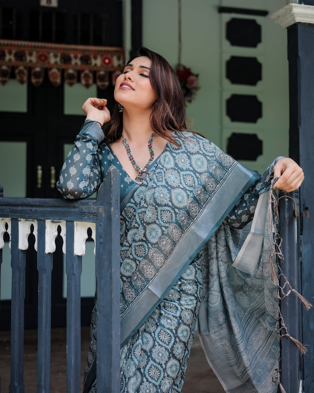 Teal Blue Pure Cotton Linen Saree with Geometric Block Print Blouse and Tassel Detailing LINEN H 111120