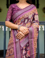 Purple Floral Printed Pure Cotton Linen Saree with Blouse and Tassels
