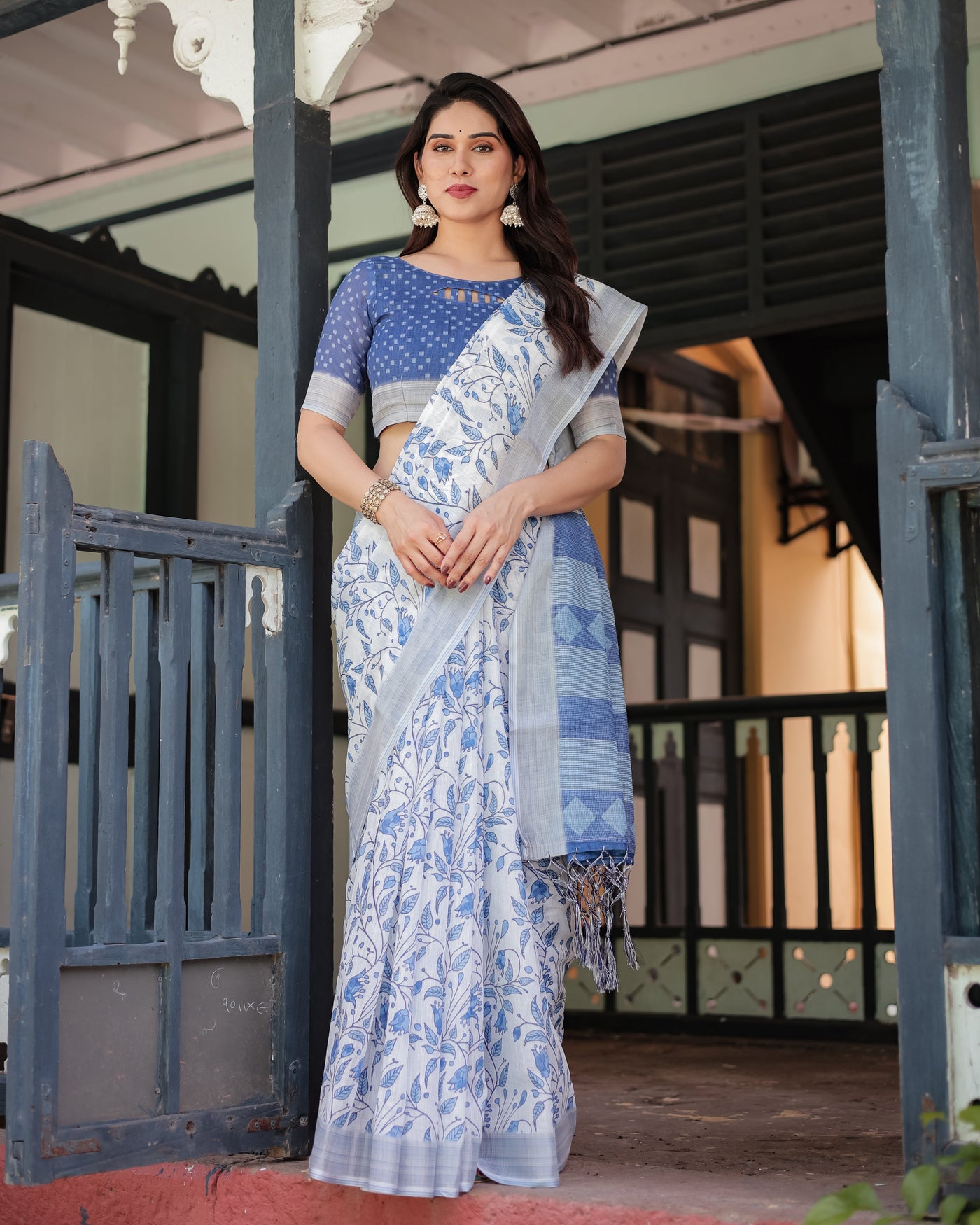 Blue and White Floral Pure Cotton Linen Saree with Blouse and Tassels LINEN H 131140