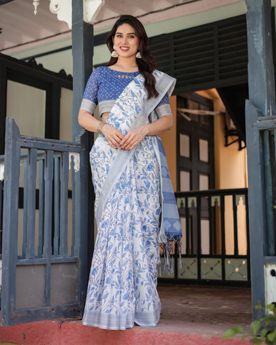 Blue and White Floral Pure Cotton Linen Saree with Blouse and Tassels LINEN H 131140