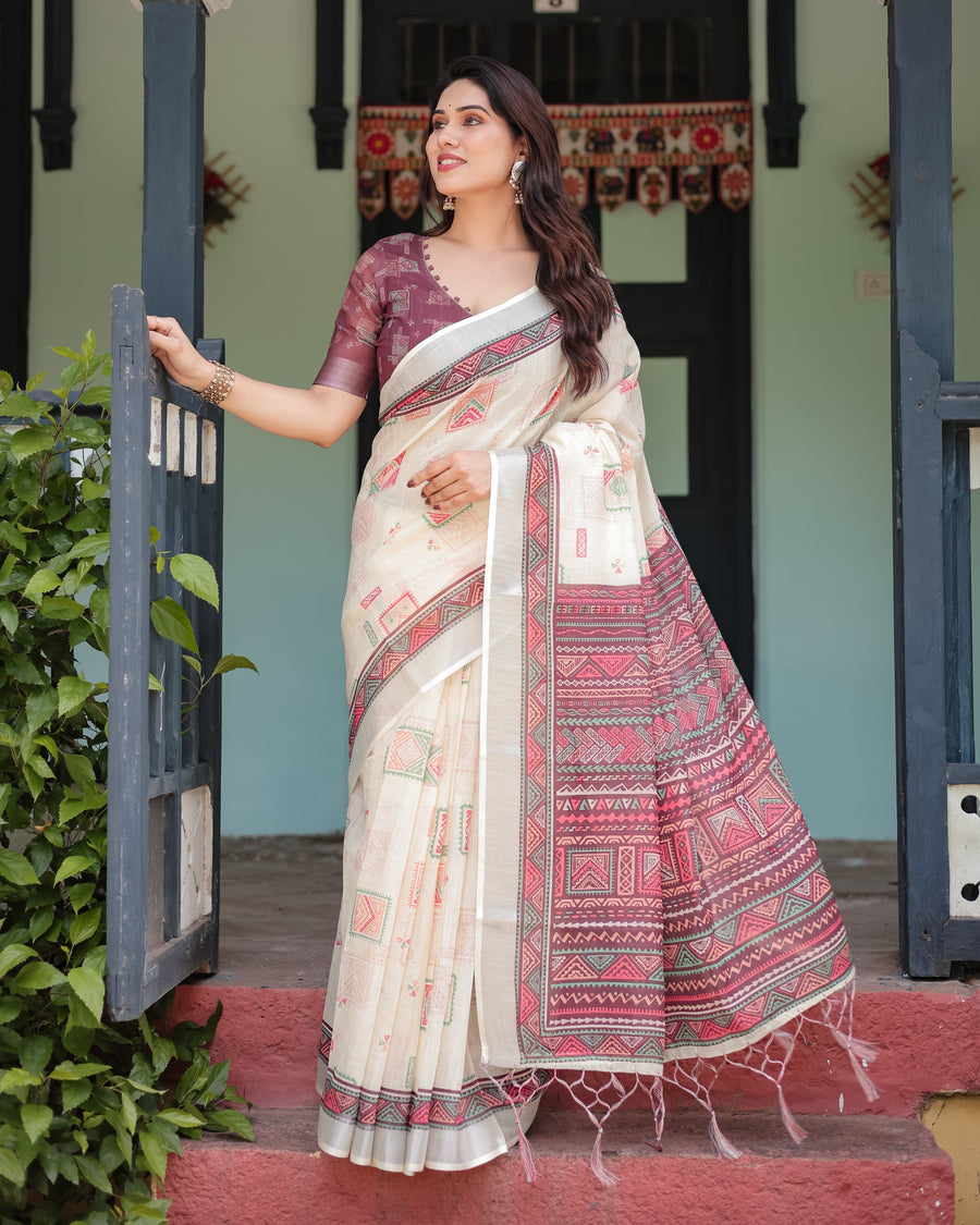 Ethereal Ivory Handwoven Linen Saree with Floral print