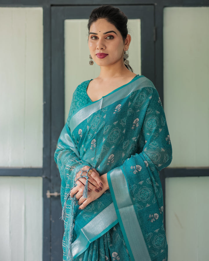 Teal Green Pure Cotton Linen Saree with Silver Floral Motifs and Tassels LINEN H 151160