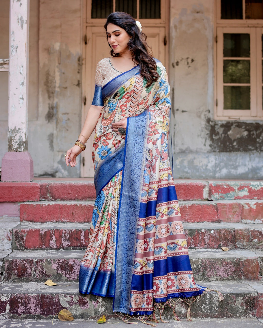 Ivory Tussar Silk Saree with Kalamkari Folk Art Print, Royal Blue Zari Border, Statement Pallu & Tassels