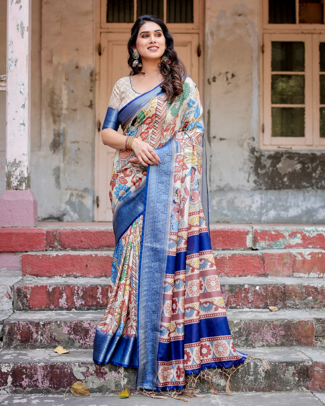 Ivory Tussar Silk Saree with Kalamkari Folk Art Print, Royal Blue Zari Border, Statement Pallu & Tassels