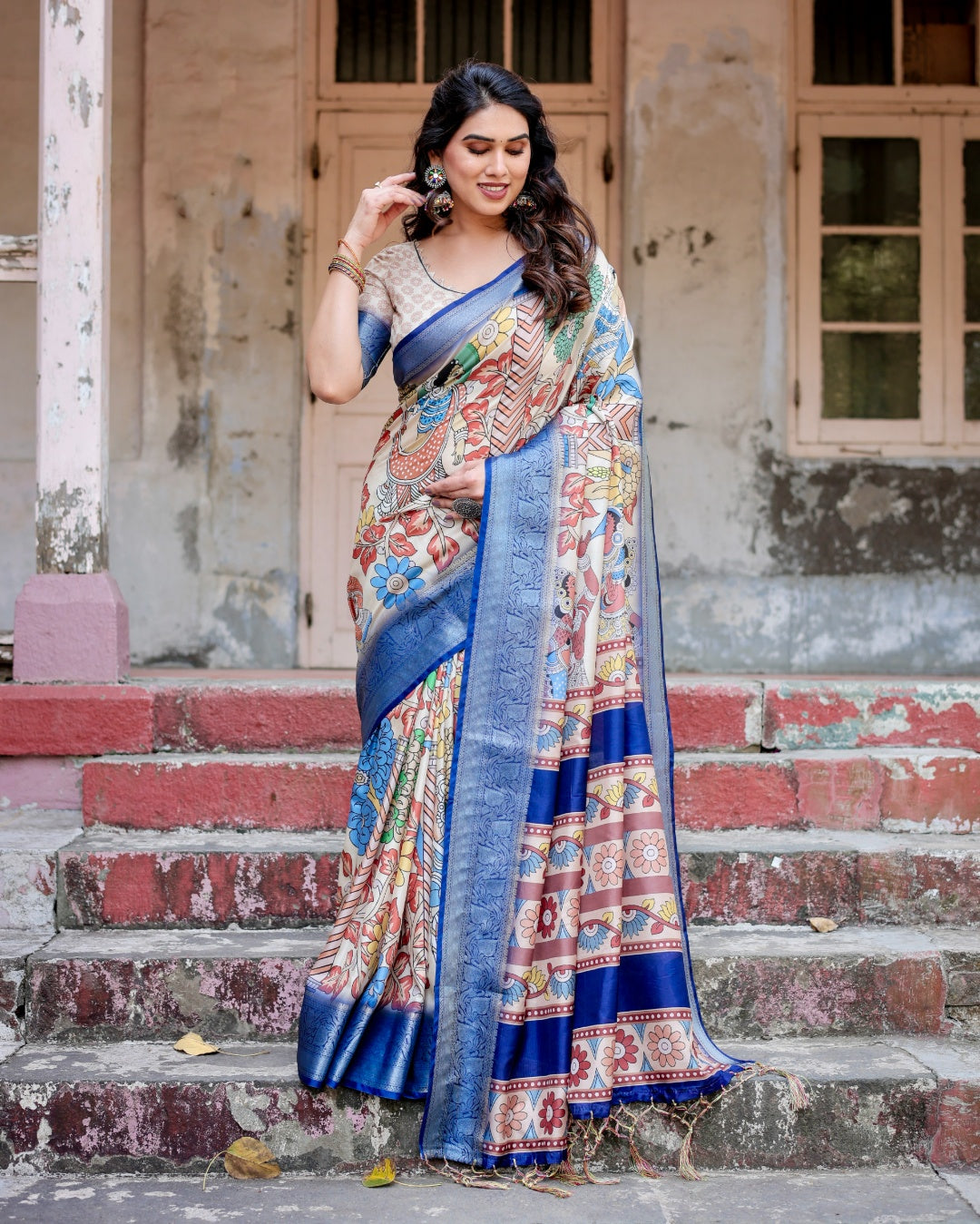 Ivory Tussar Silk Saree with Kalamkari Folk Art Print, Royal Blue Zari Border, Statement Pallu & Tassels