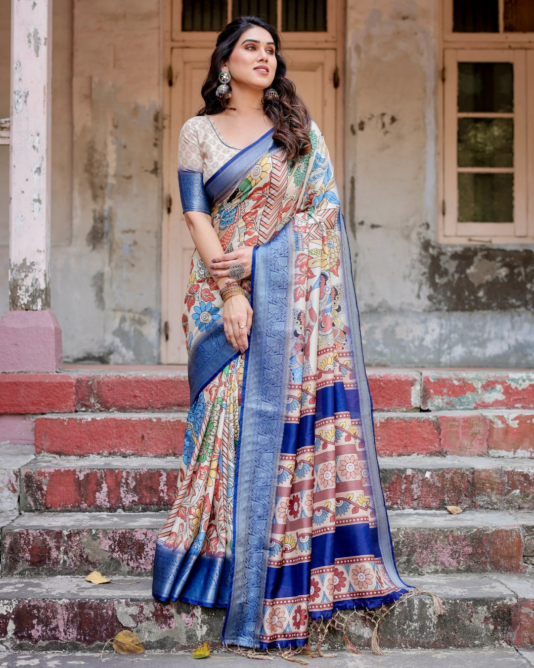 Ivory Tussar Silk Saree with Kalamkari Folk Art Print, Royal Blue Zari Border, Statement Pallu & Tassels