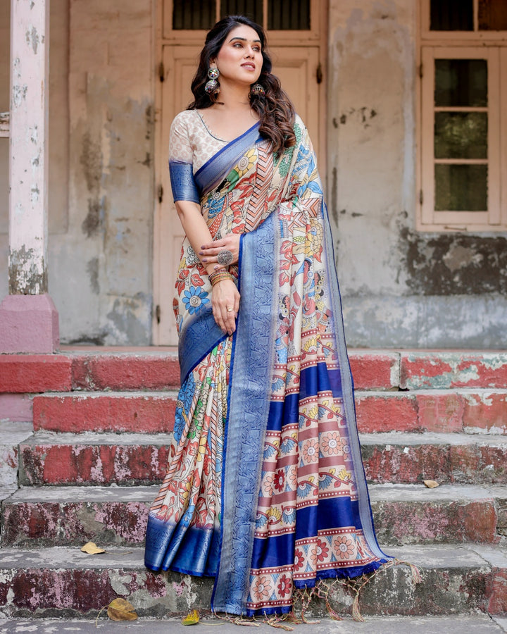 Ivory Tussar Silk Saree with Kalamkari Folk Art Print, Royal Blue Zari Border, Statement Pallu & Tassels