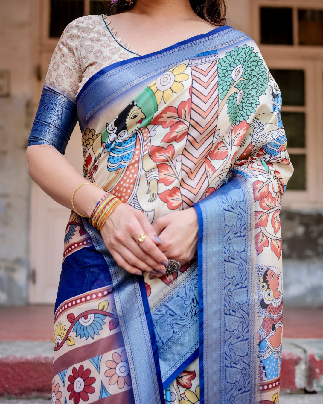 Ivory Tussar Silk Saree with Kalamkari Folk Art Print, Royal Blue Zari Border, Statement Pallu & Tassels
