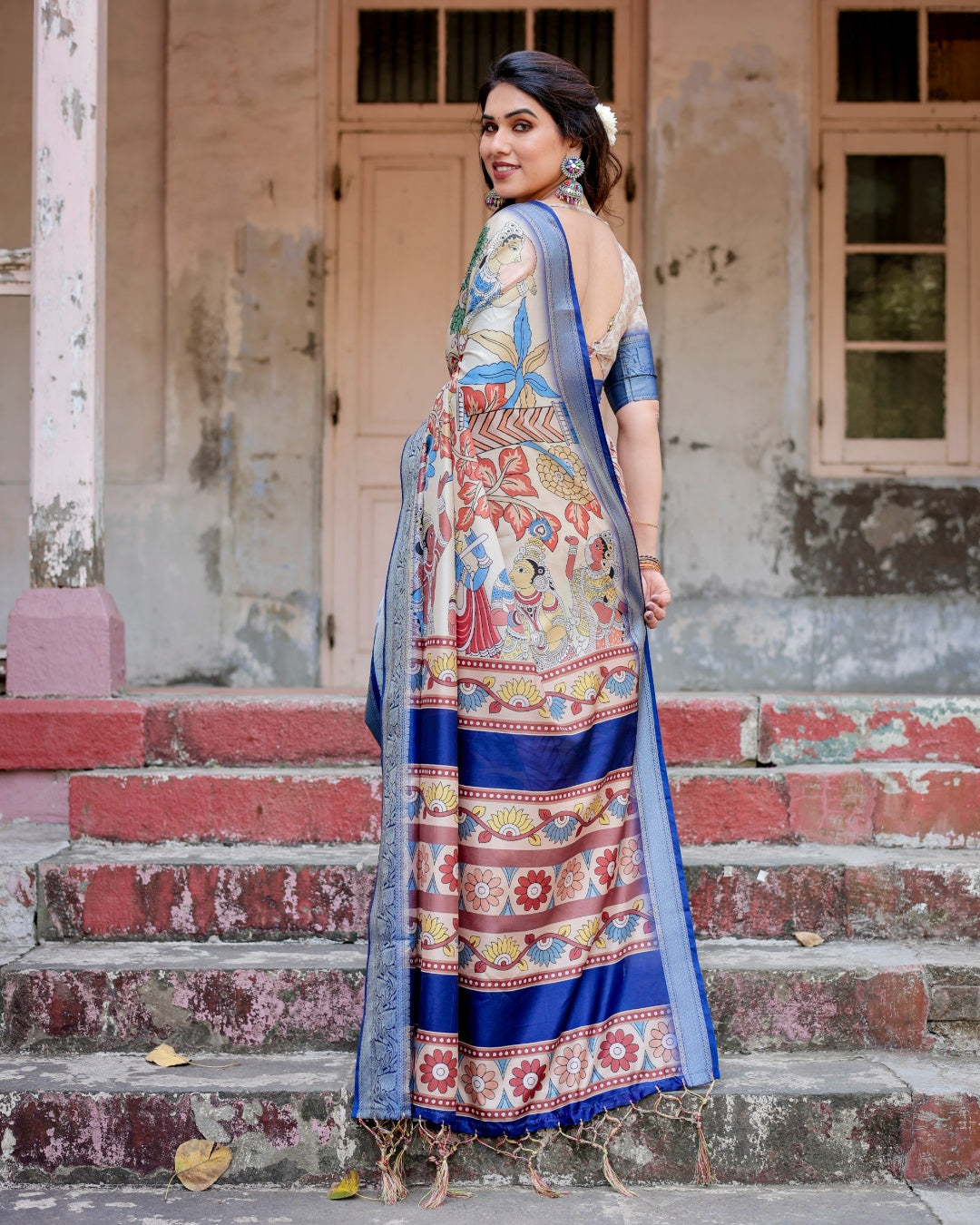Ivory Tussar Silk Saree with Kalamkari Folk Art Print, Royal Blue Zari Border, Statement Pallu & Tassels