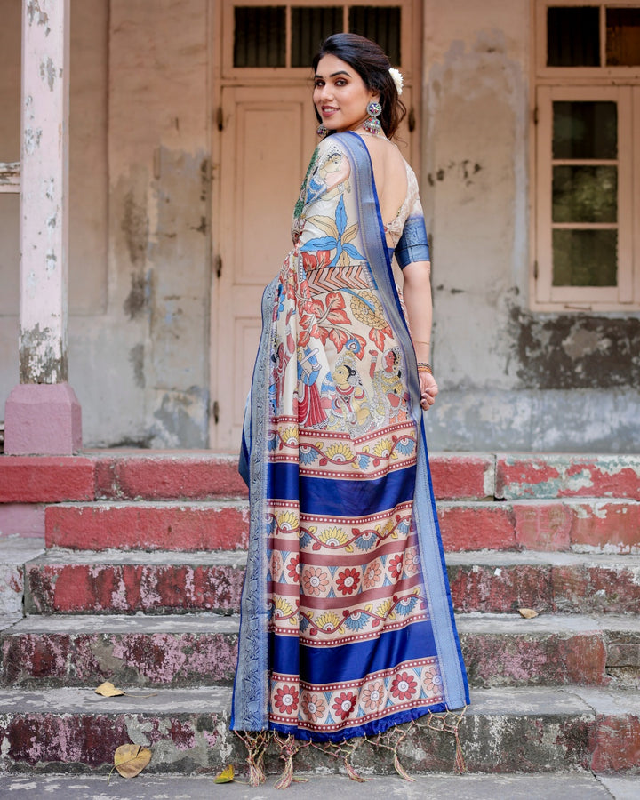 Ivory Tussar Silk Saree with Kalamkari Folk Art Print, Royal Blue Zari Border, Statement Pallu & Tassels