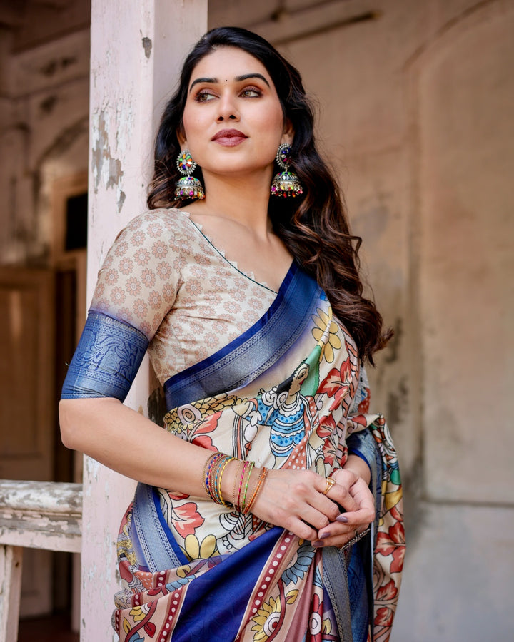 Ivory Tussar Silk Saree with Kalamkari Folk Art Print, Royal Blue Zari Border, Statement Pallu & Tassels