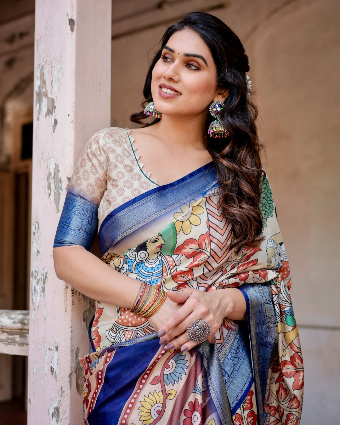 Ivory Tussar Silk Saree with Kalamkari Folk Art Print, Royal Blue Zari Border, Statement Pallu & Tassels