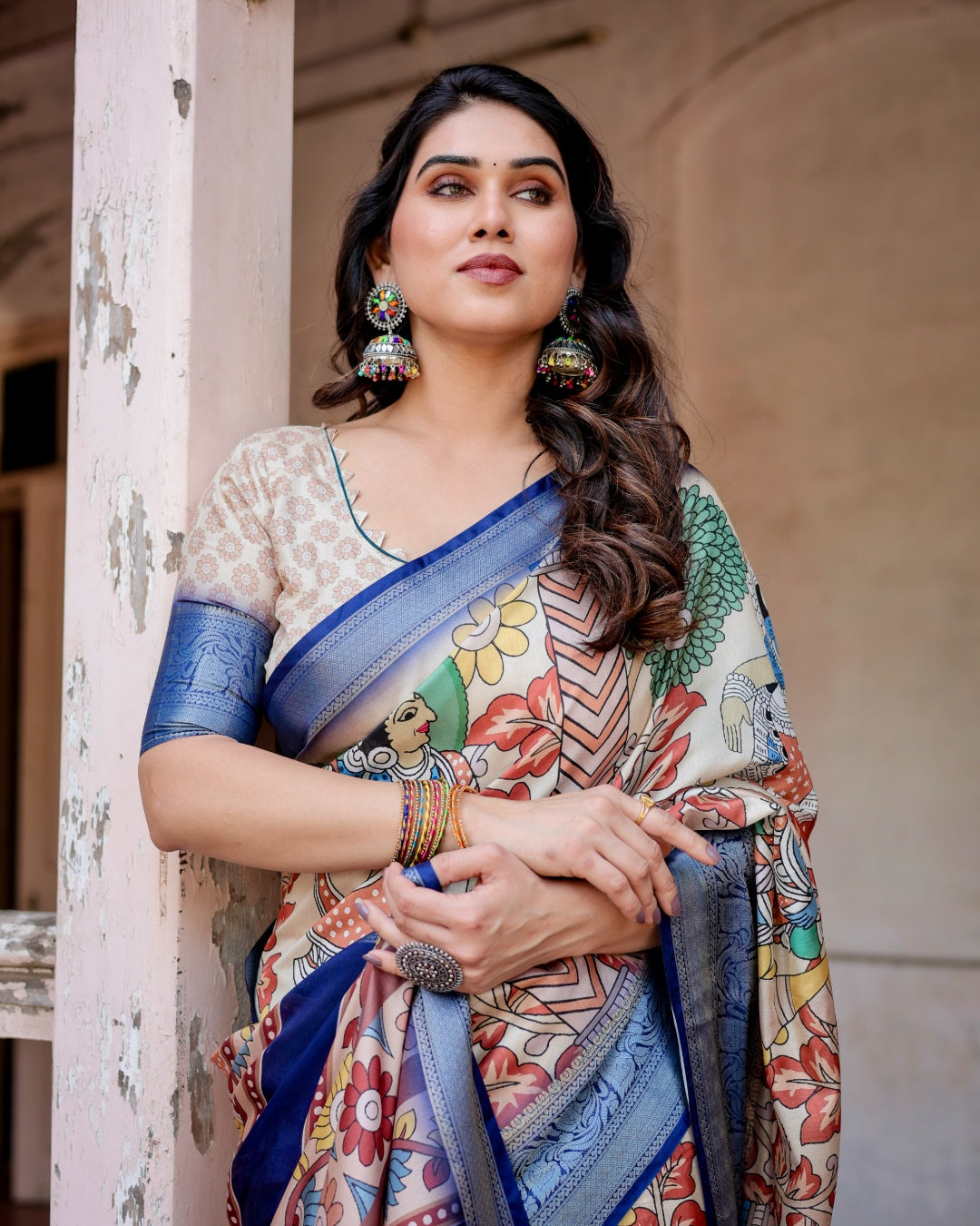 Ivory Tussar Silk Saree with Kalamkari Folk Art Print, Royal Blue Zari Border, Statement Pallu & Tassels