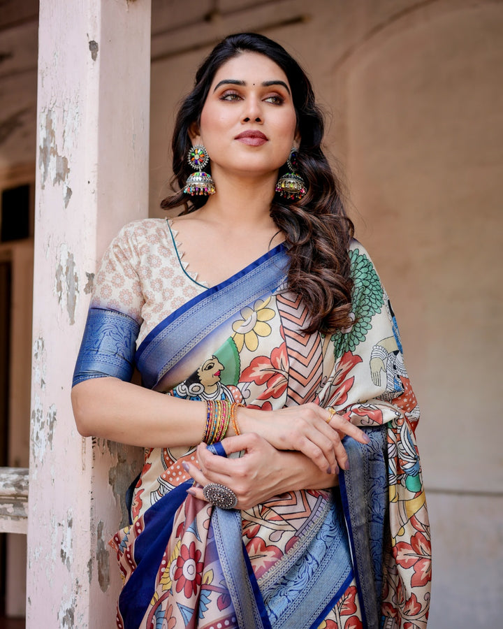 Ivory Tussar Silk Saree with Kalamkari Folk Art Print, Royal Blue Zari Border, Statement Pallu & Tassels