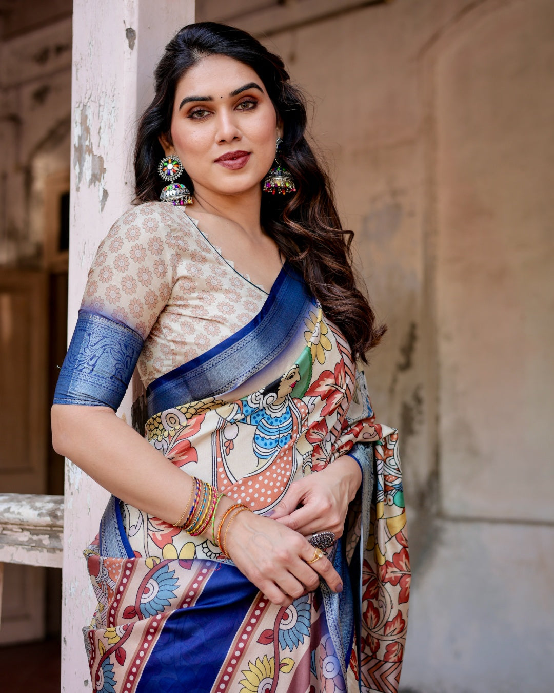 Ivory Tussar Silk Saree with Kalamkari Folk Art Print, Royal Blue Zari Border, Statement Pallu & Tassels