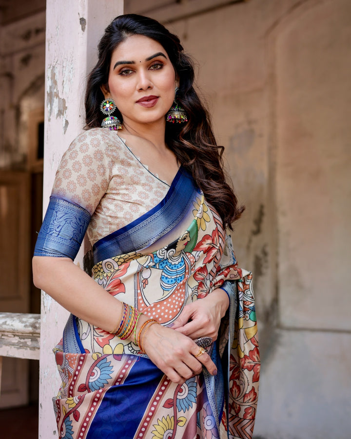 Ivory Tussar Silk Saree with Kalamkari Folk Art Print, Royal Blue Zari Border, Statement Pallu & Tassels