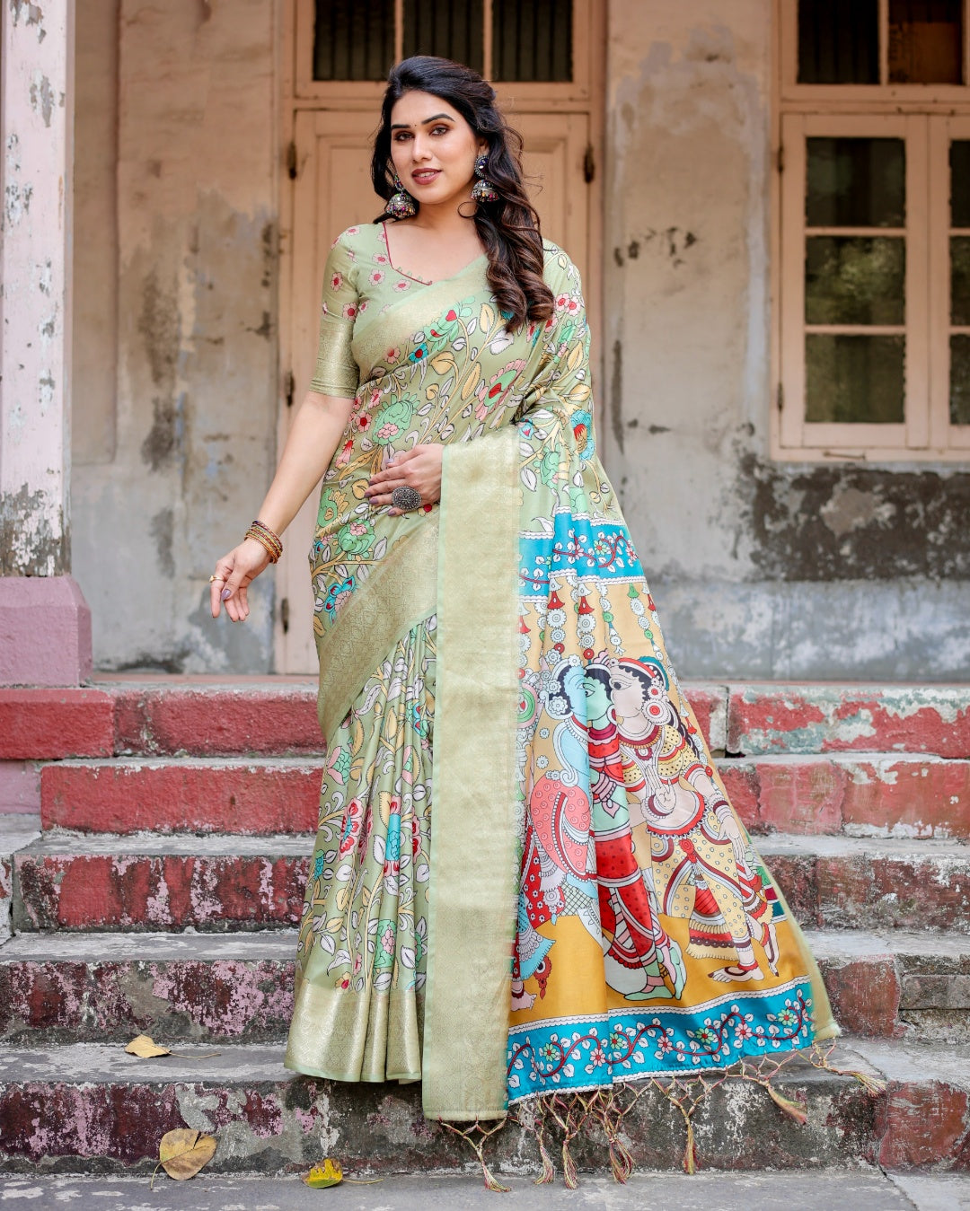 Sage Green Tussar Silk Saree with Kalamkari Floral Print, Zari Border, Radha Krishna Pallu & Tassels