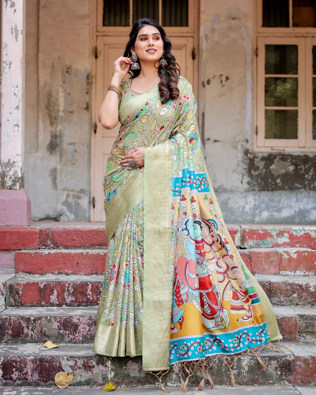 Sage Green Tussar Silk Saree with Kalamkari Floral Print, Zari Border, Radha Krishna Pallu & Tassels