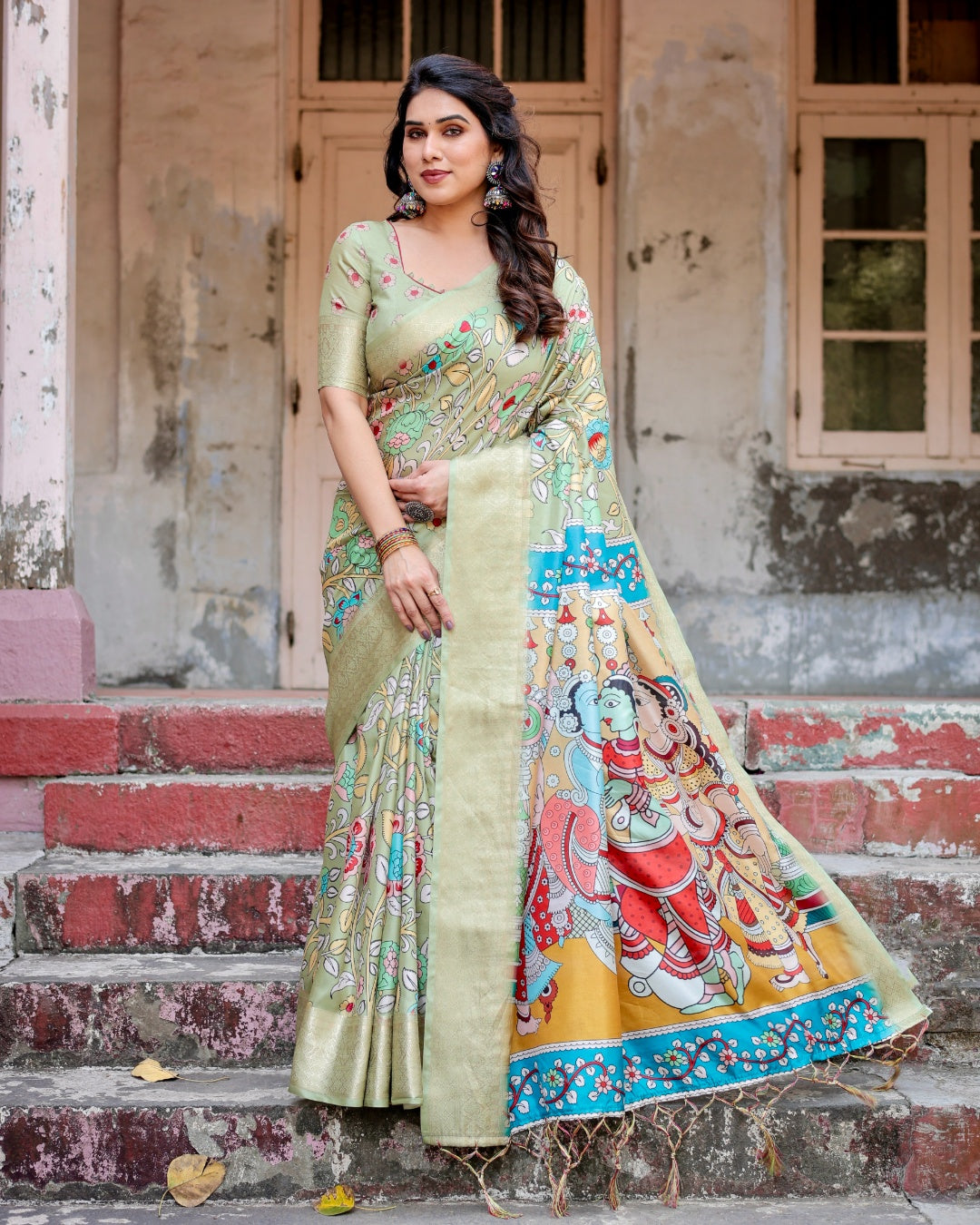 Sage Green Tussar Silk Saree with Kalamkari Floral Print, Zari Border, Radha Krishna Pallu & Tassels