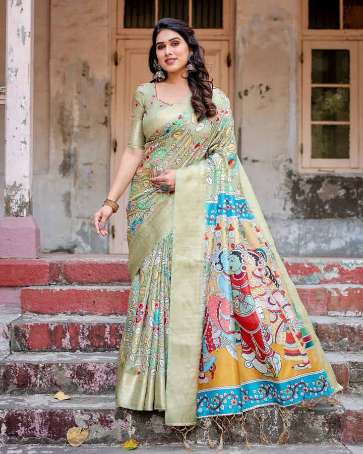 Sage Green Tussar Silk Saree with Kalamkari Floral Print, Zari Border, Radha Krishna Pallu & Tassels