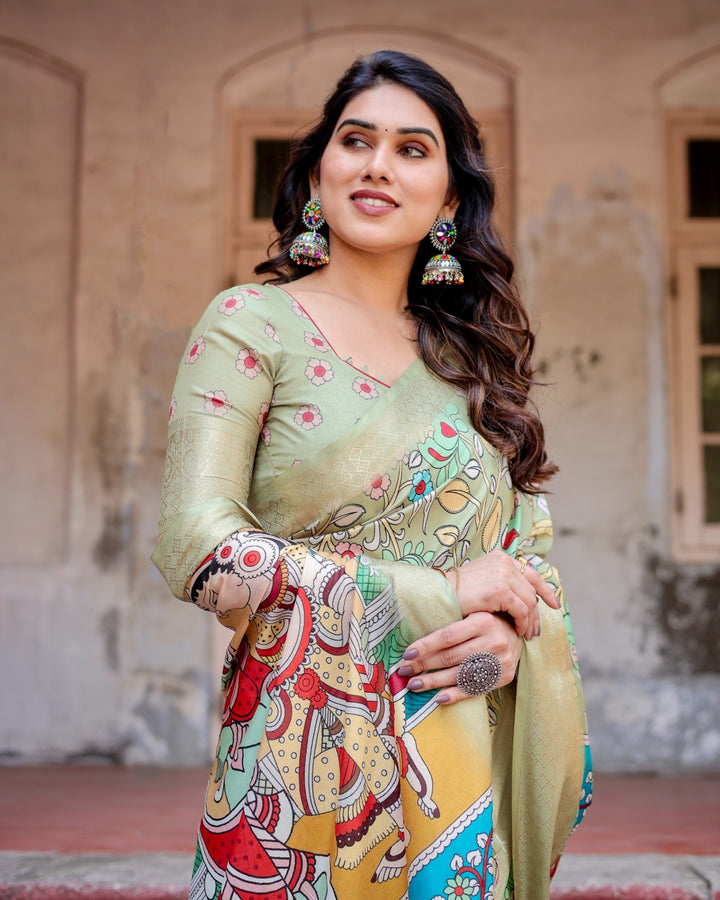 Sage Green Tussar Silk Saree with Kalamkari Floral Print, Zari Border, Radha Krishna Pallu & Tassels