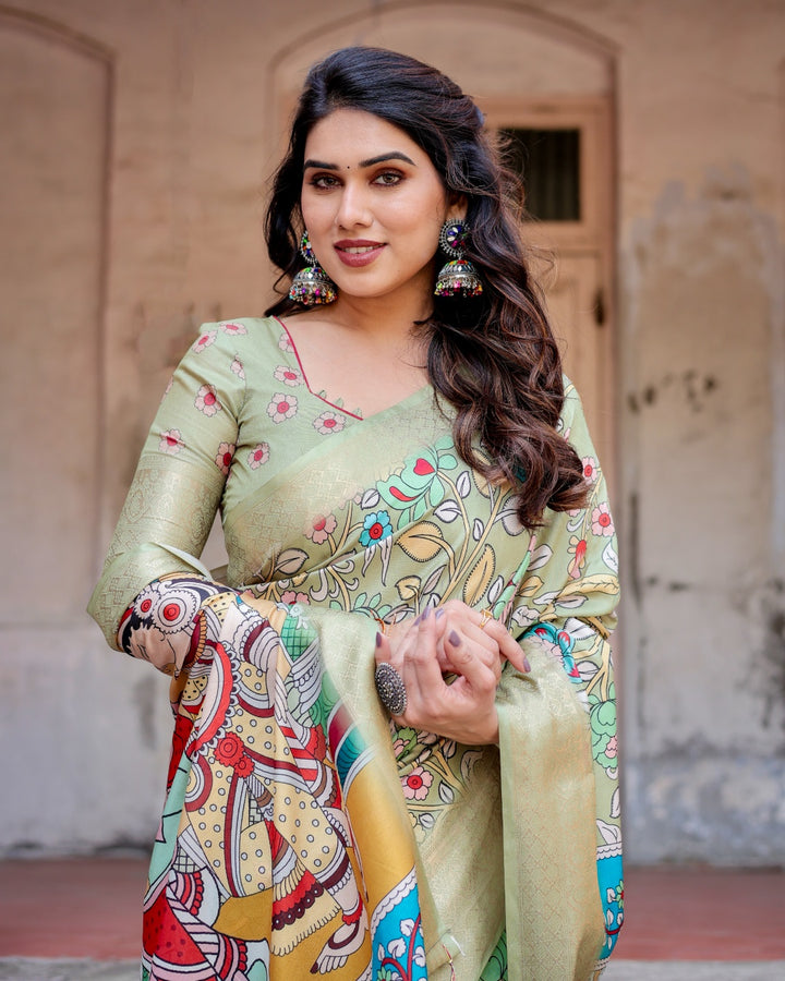Sage Green Tussar Silk Saree with Kalamkari Floral Print, Zari Border, Radha Krishna Pallu & Tassels
