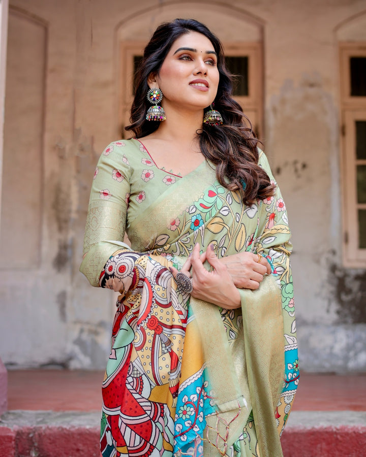 Sage Green Tussar Silk Saree with Kalamkari Floral Print, Zari Border, Radha Krishna Pallu & Tassels