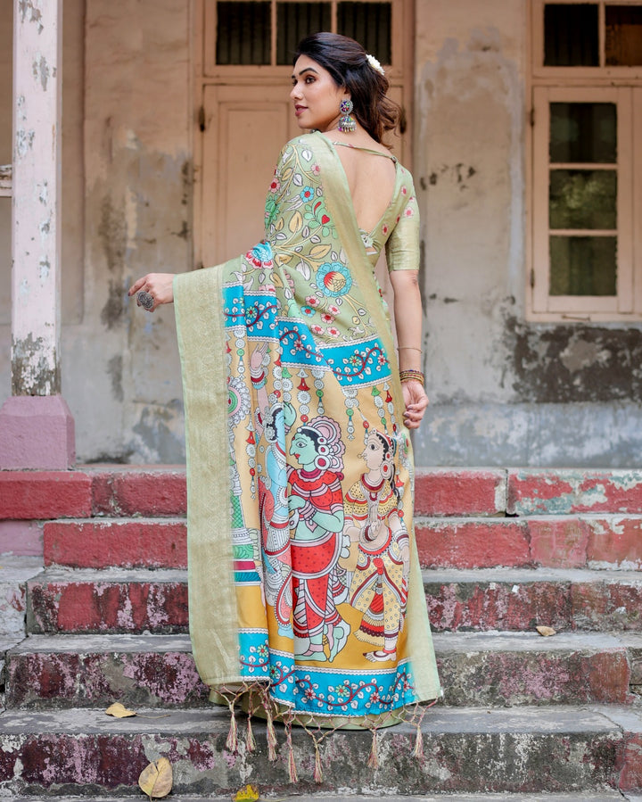 Sage Green Tussar Silk Saree with Kalamkari Floral Print, Zari Border, Radha Krishna Pallu & Tassels
