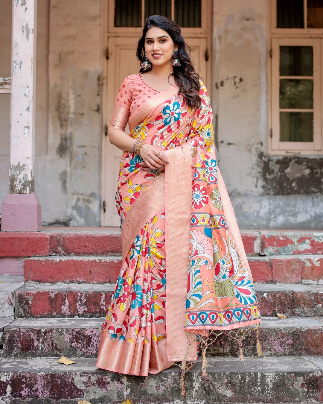 Peach Tussar Silk Saree with Kalamkari Floral Print, Zari Woven Border, Artistic Pallu & Tassels