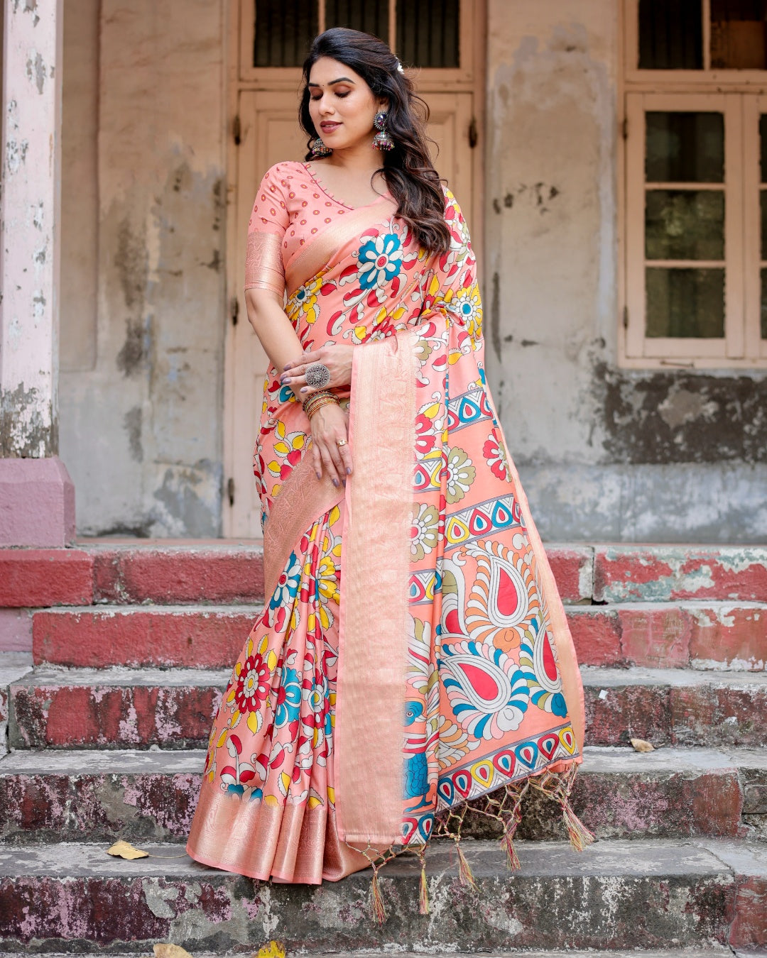 Peach Tussar Silk Saree with Kalamkari Floral Print, Zari Woven Border, Artistic Pallu & Tassels
