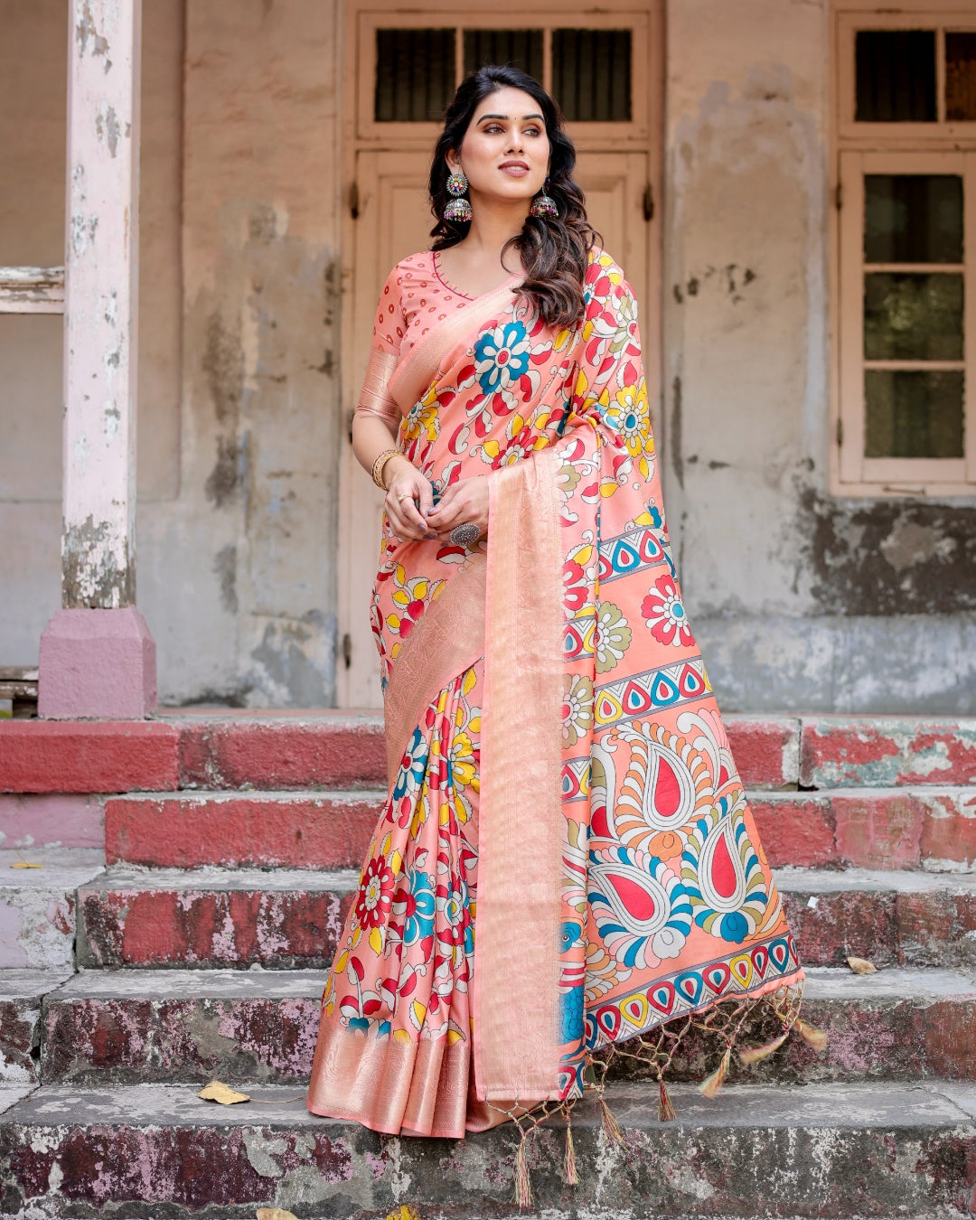 Peach Tussar Silk Saree with Kalamkari Floral Print, Zari Woven Border, Artistic Pallu & Tassels