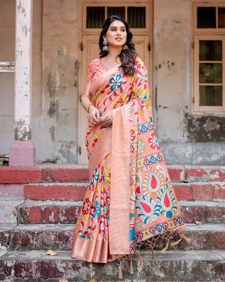 Peach Tussar Silk Saree with Kalamkari Floral Print, Zari Woven Border, Artistic Pallu & Tassels