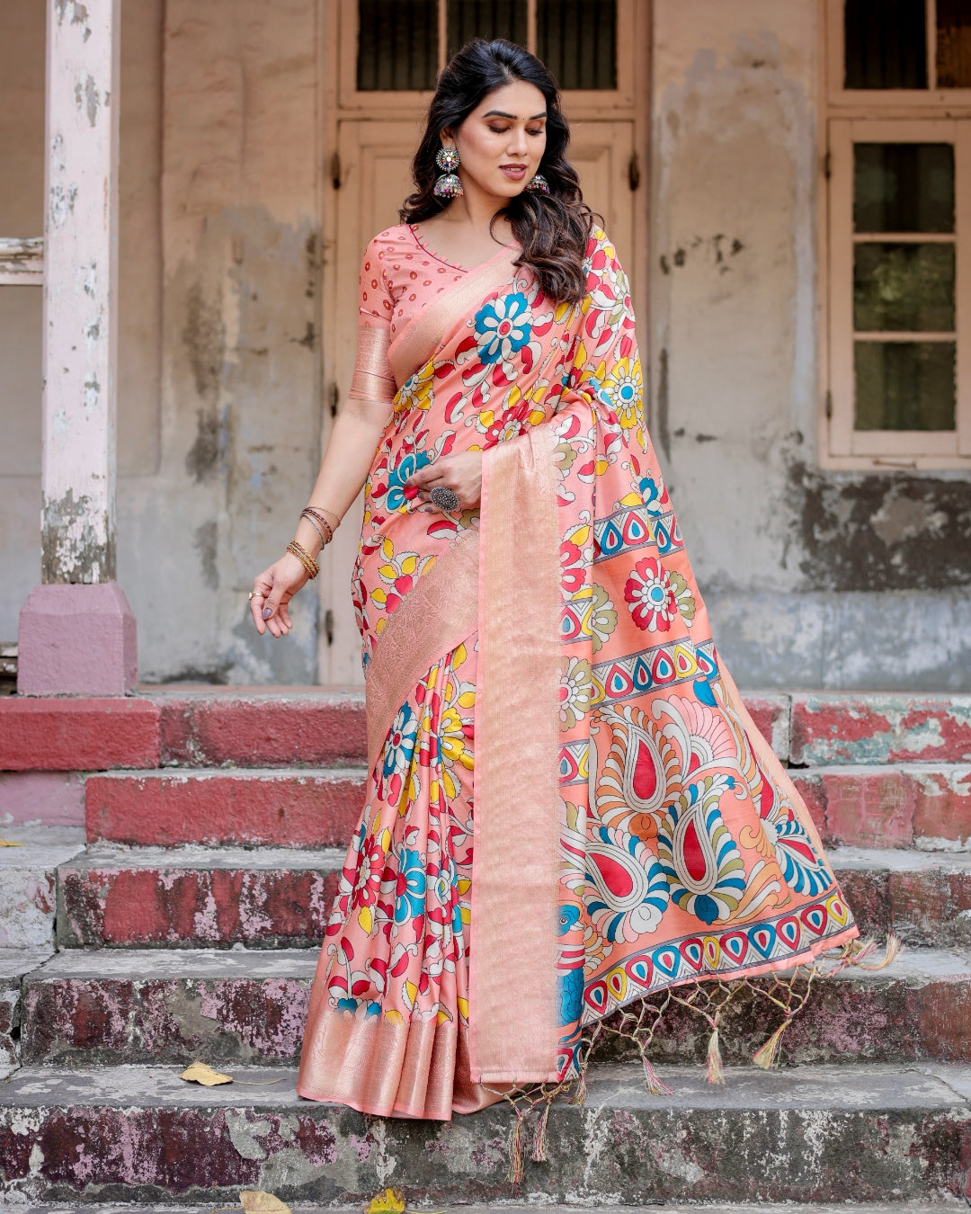 Peach Tussar Silk Saree with Kalamkari Floral Print, Zari Woven Border, Artistic Pallu & Tassels