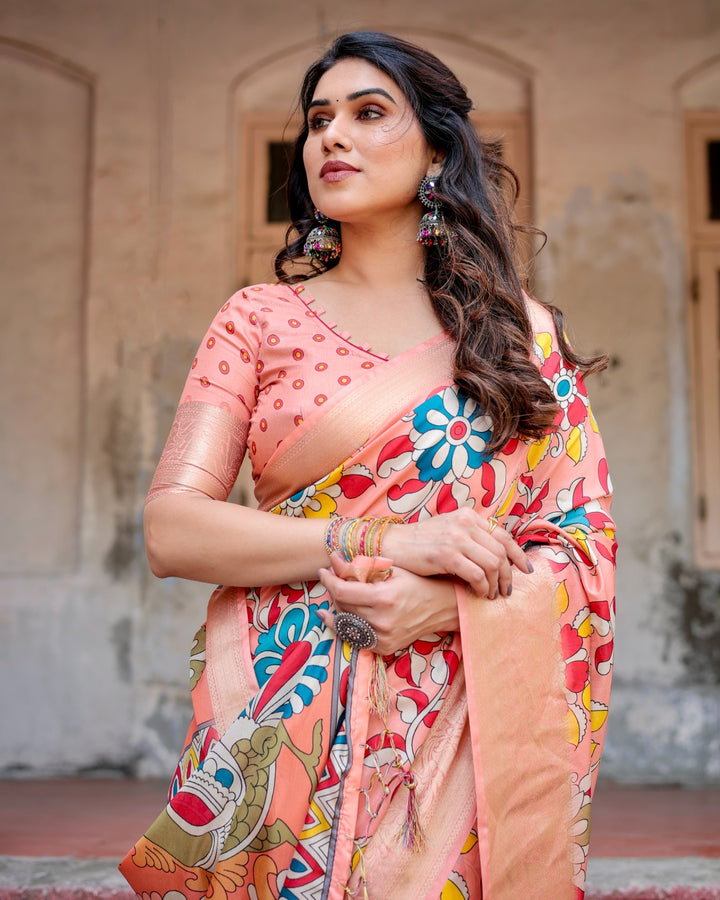 Peach Tussar Silk Saree with Kalamkari Floral Print, Zari Woven Border, Artistic Pallu & Tassels