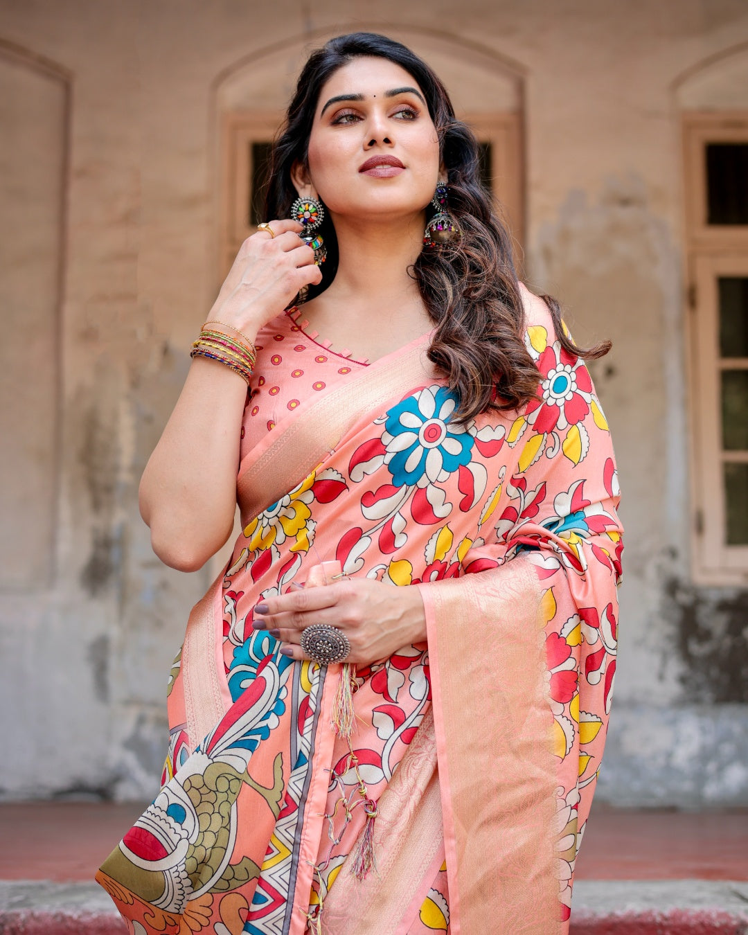 Peach Tussar Silk Saree with Kalamkari Floral Print, Zari Woven Border, Artistic Pallu & Tassels