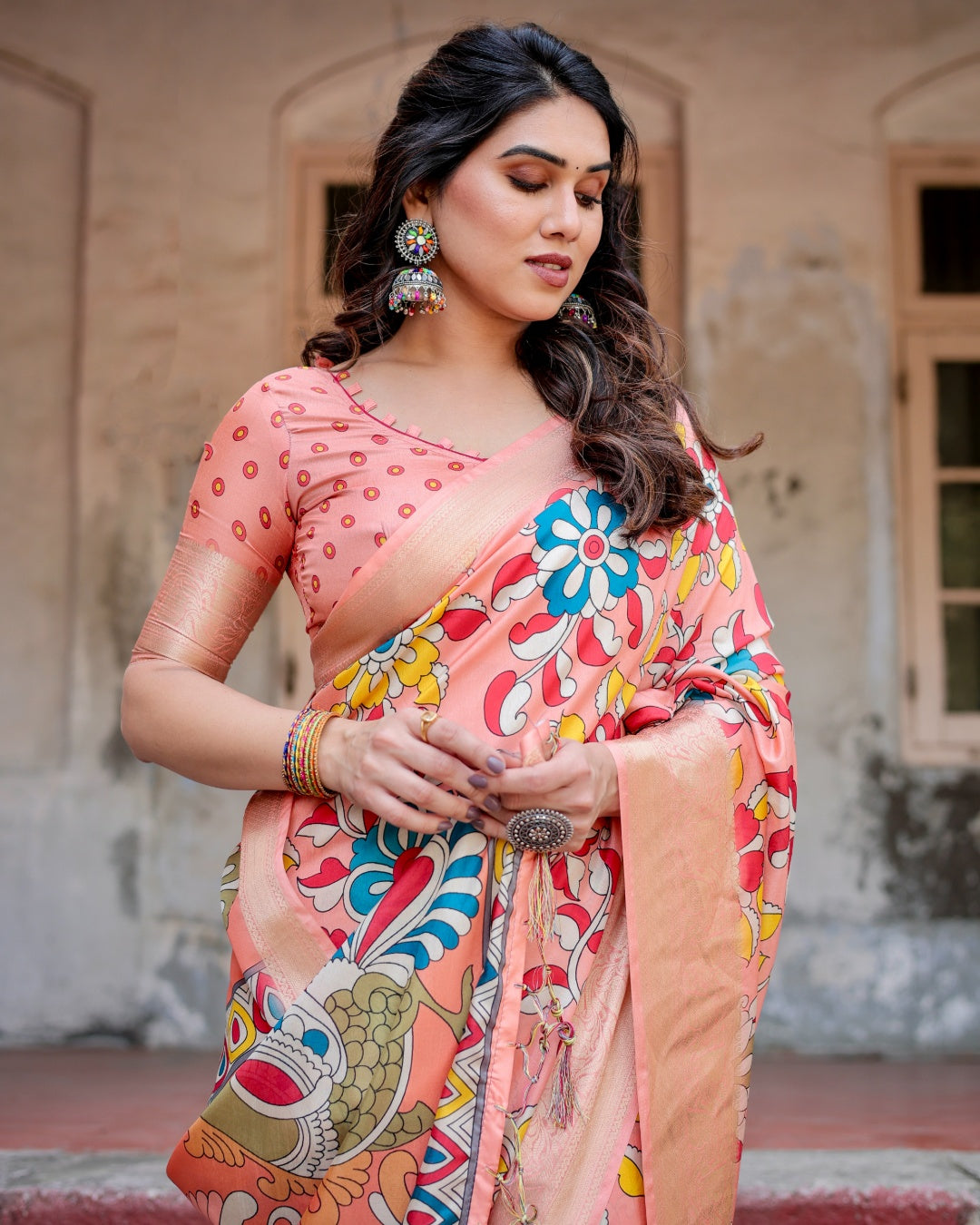 Peach Tussar Silk Saree with Kalamkari Floral Print, Zari Woven Border, Artistic Pallu & Tassels