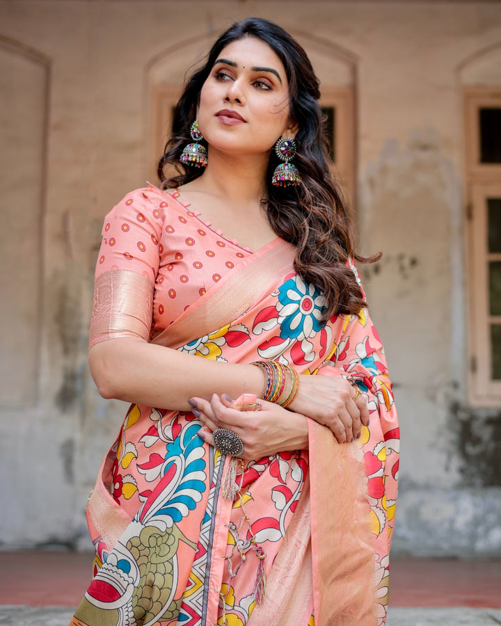 Peach Tussar Silk Saree with Kalamkari Floral Print, Zari Woven Border, Artistic Pallu & Tassels