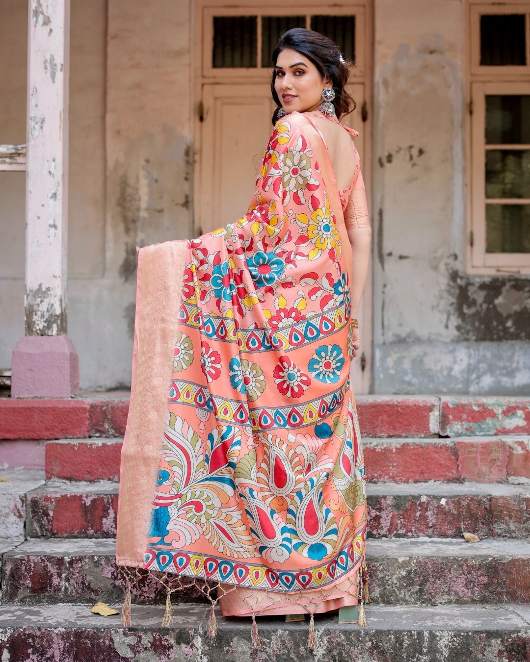Peach Tussar Silk Saree with Kalamkari Floral Print, Zari Woven Border, Artistic Pallu & Tassels