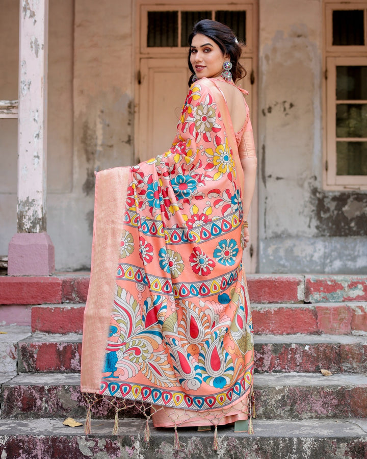 Peach Tussar Silk Saree with Kalamkari Floral Print, Zari Woven Border, Artistic Pallu & Tassels