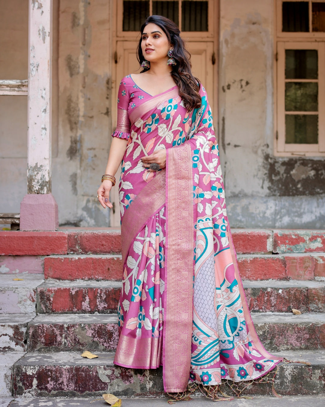 Mauve Pink Tussar Silk Saree with Kalamkari Floral Print, Zari Border, Peacock Pallu & Tassels