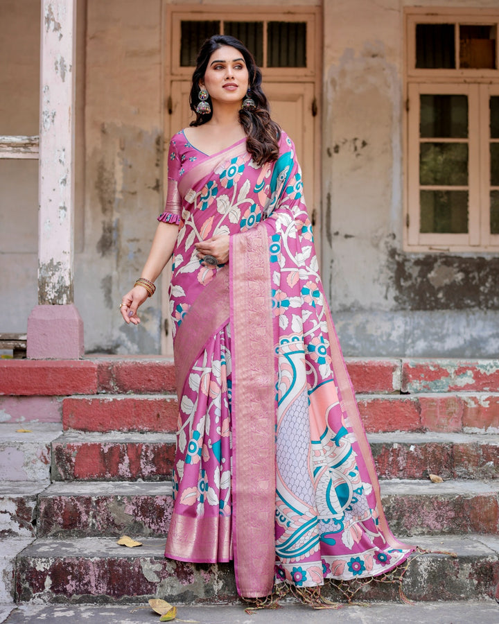 Mauve Pink Tussar Silk Saree with Kalamkari Floral Print, Zari Border, Peacock Pallu & Tassels