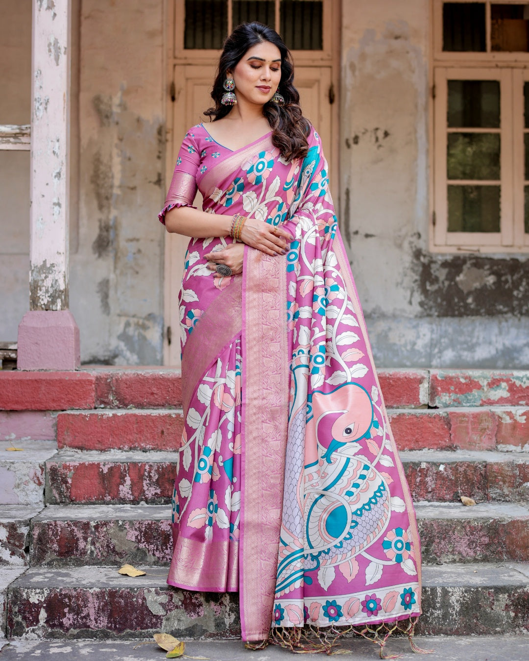 Mauve Pink Tussar Silk Saree with Kalamkari Floral Print, Zari Border, Peacock Pallu & Tassels