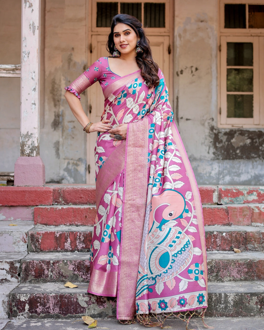 Mauve Pink Tussar Silk Saree with Kalamkari Floral Print, Zari Border, Peacock Pallu & Tassels