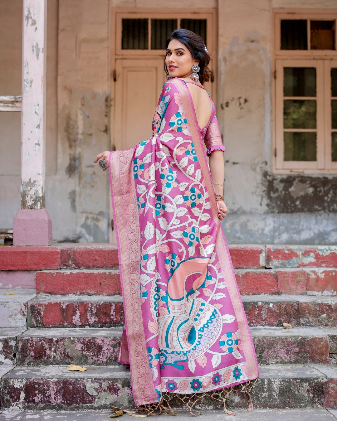 Mauve Pink Tussar Silk Saree with Kalamkari Floral Print, Zari Border, Peacock Pallu & Tassels