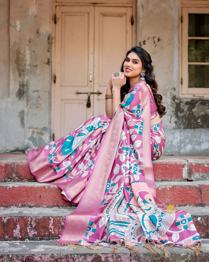 Mauve Pink Tussar Silk Saree with Kalamkari Floral Print, Zari Border, Peacock Pallu & Tassels