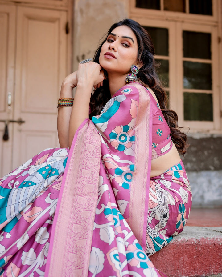 Mauve Pink Tussar Silk Saree with Kalamkari Floral Print, Zari Border, Peacock Pallu & Tassels