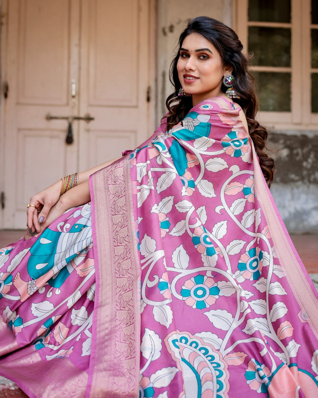 Mauve Pink Tussar Silk Saree with Kalamkari Floral Print, Zari Border, Peacock Pallu & Tassels