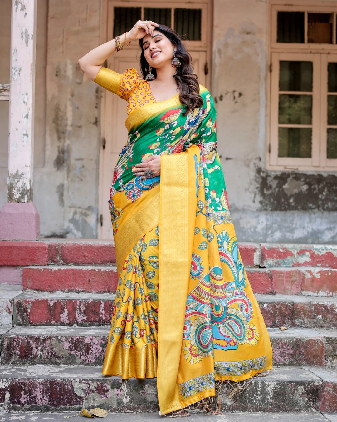 Mustard Yellow & Emerald Green Tussar Silk Saree with Kalamkari Peacock Print, Zari Border & Tassels
